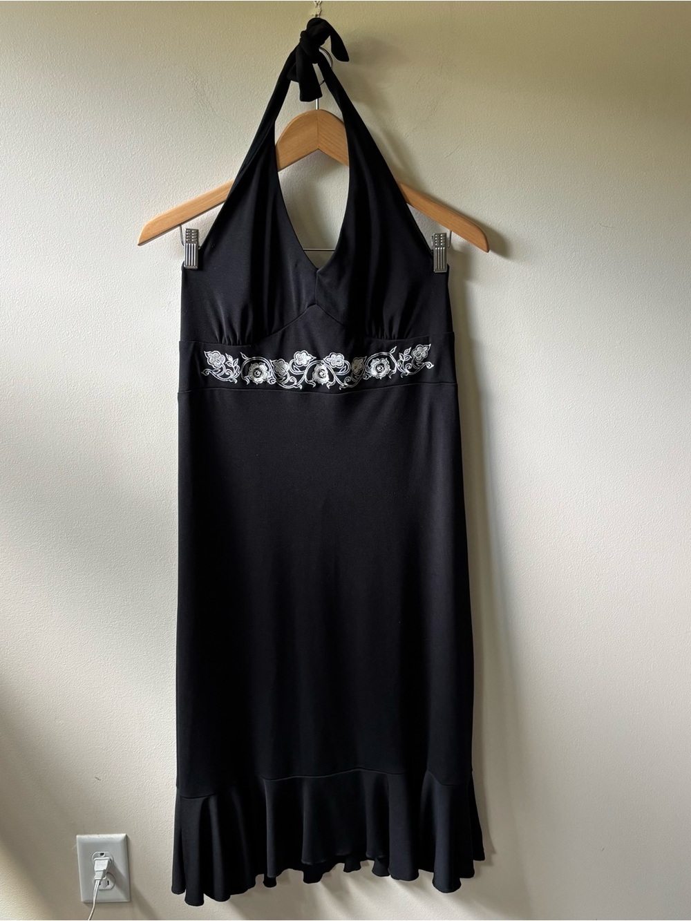 StudioY Black Halter Dress with White Embroidered Waist